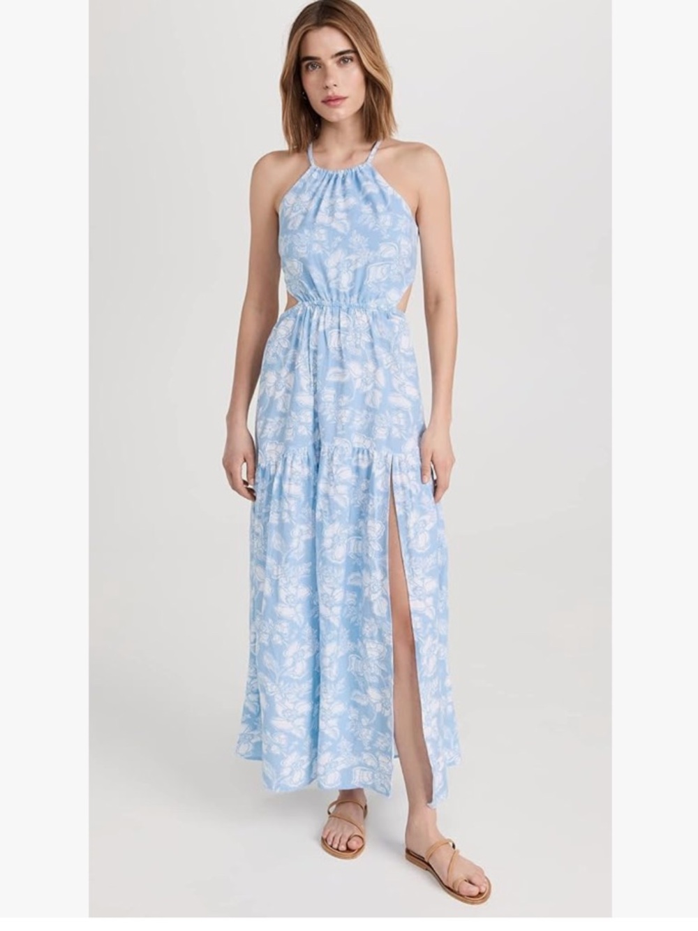 l*space Jaide Maxi Dress Blue White Floral Halter Tie Back Tiered Shell Beads S